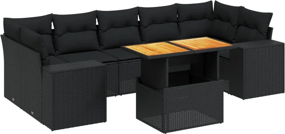 vidaXL 8 részes fekete polyrattan kerti ülőgarnitúra párnákkal