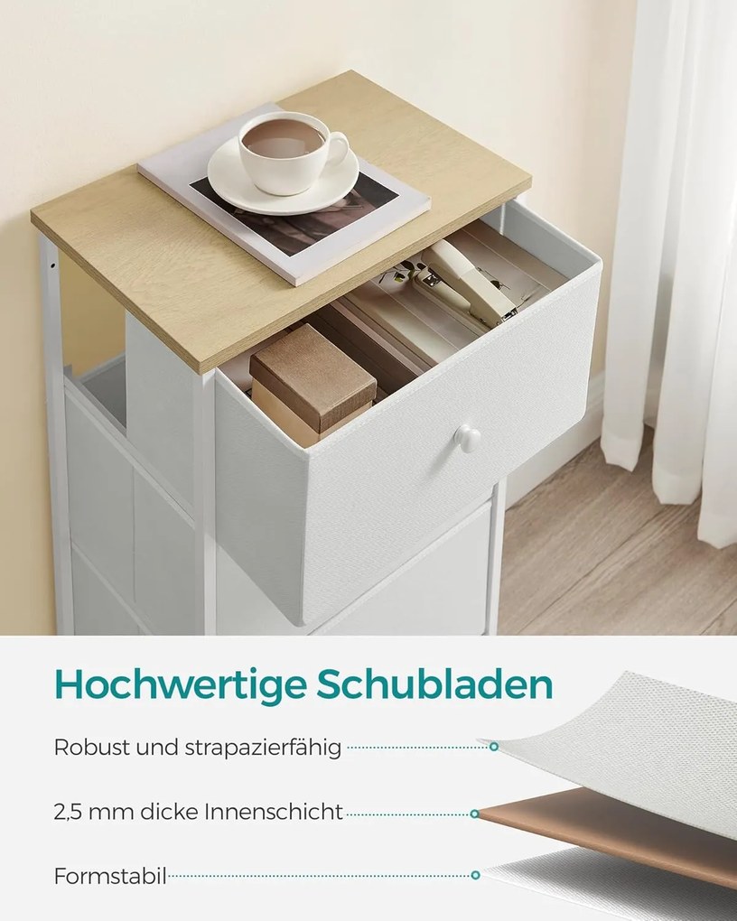 Fiókos szekrény hálószobába 4 szövetfiókkal, komód, 30 x 45 x 91,7 cm, fehér tölgy