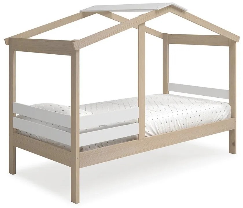 Fehér-natúr színű házikó alakú gyerekágy borovi fenyő dekorral 90x190 cm Angel – Marckeric