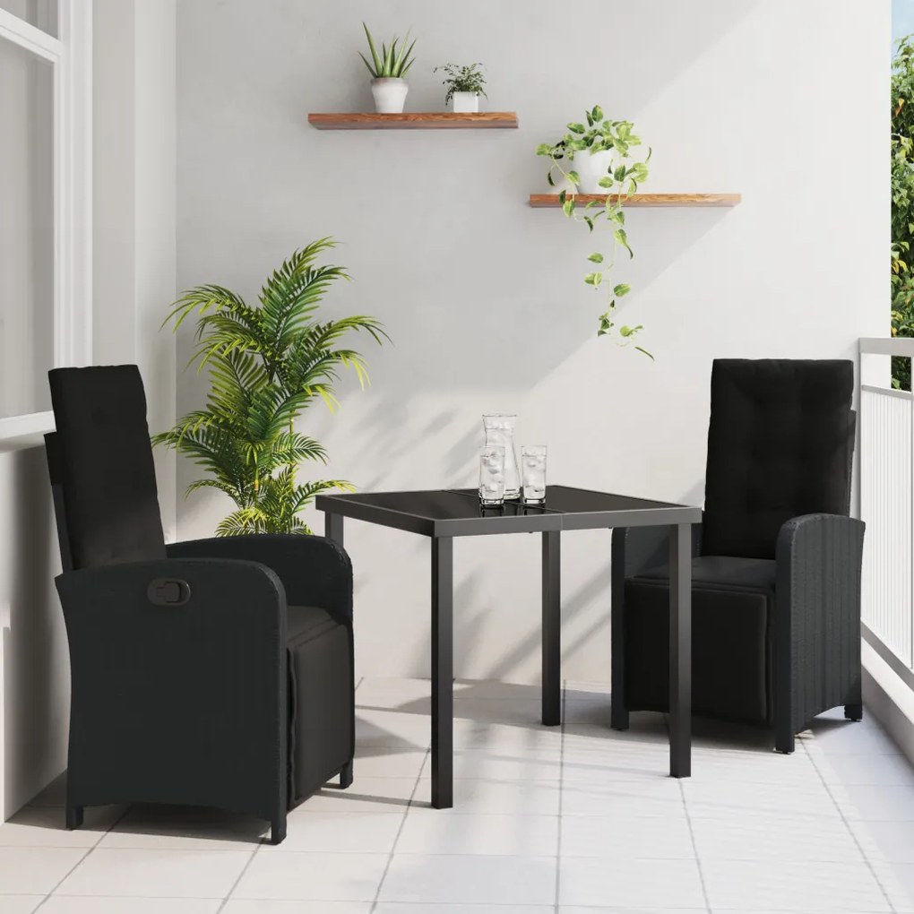 3 Darabos Kerti Étkezőasztal Párnákkal Fekete Polirattan, Kerti Asztal Fekete 80x80x73 cm Edzett Üveg