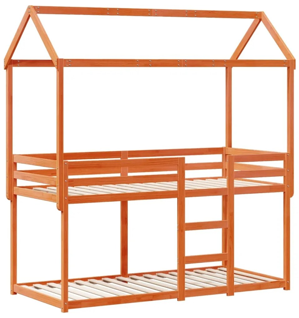 viaszbarna tömör fenyőfa ágy emelettel és tetővel 75 x 190 cm