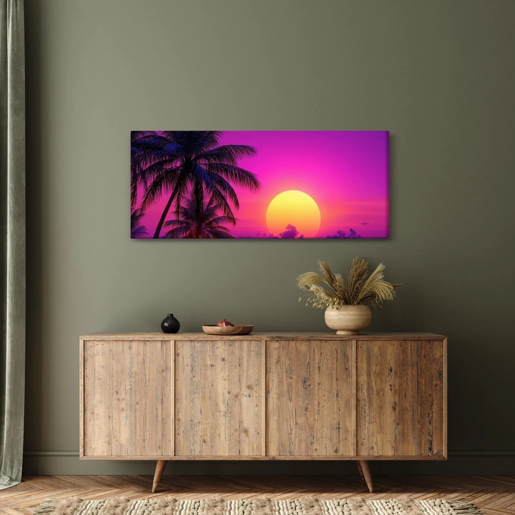 Kép - Lila naplemente pálmafával (120x50 cm)