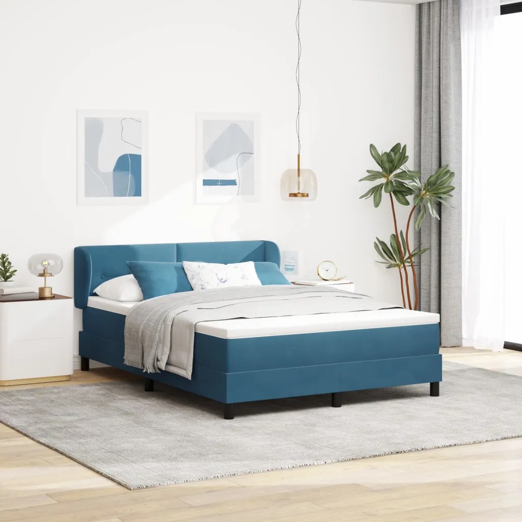 Boxspring Ágy Matrac Ráccsal Sötét Kék 160x200 cm Bársony