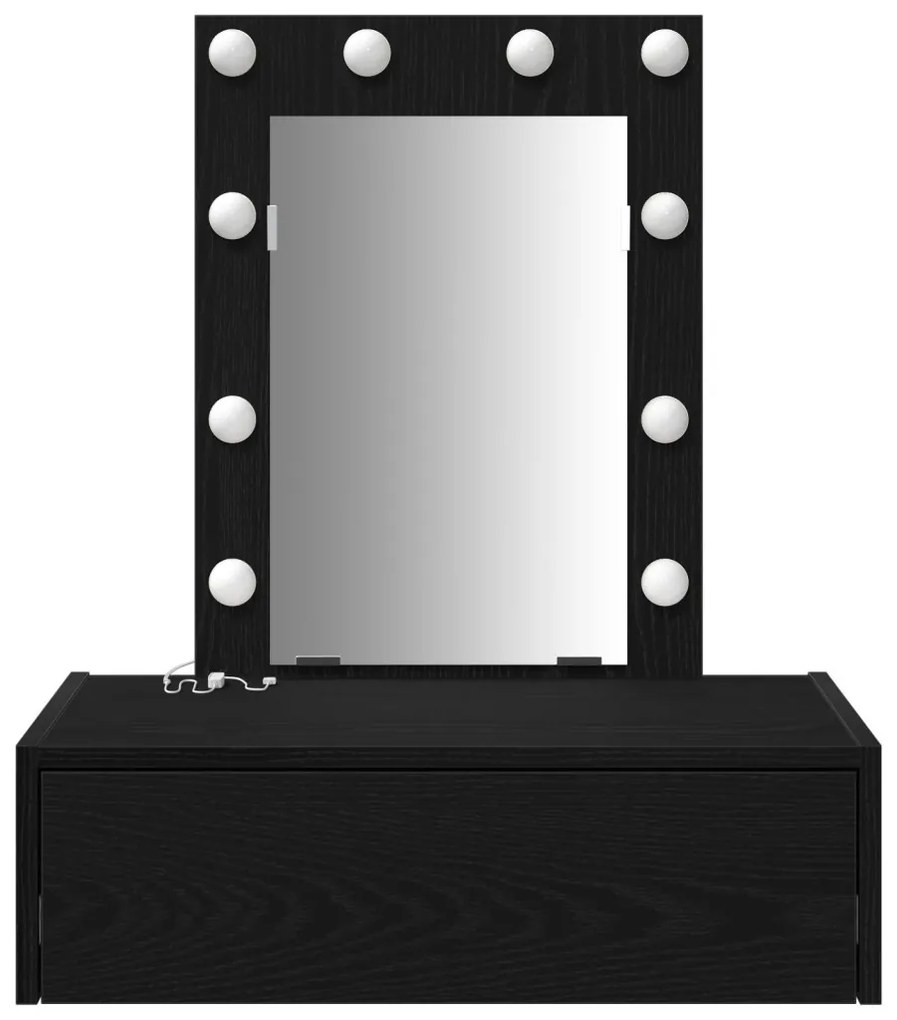 vidaXL Öltözködőasztal tükör lámpákkal Fekete 60 x 40 x 70 cm Faanyag