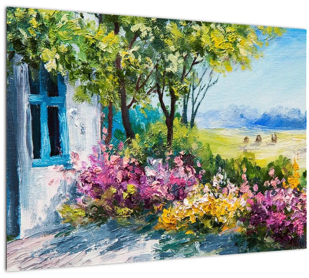 Kép a ház előtti kertről, olajfestmény (üvegen) (70x50 cm)