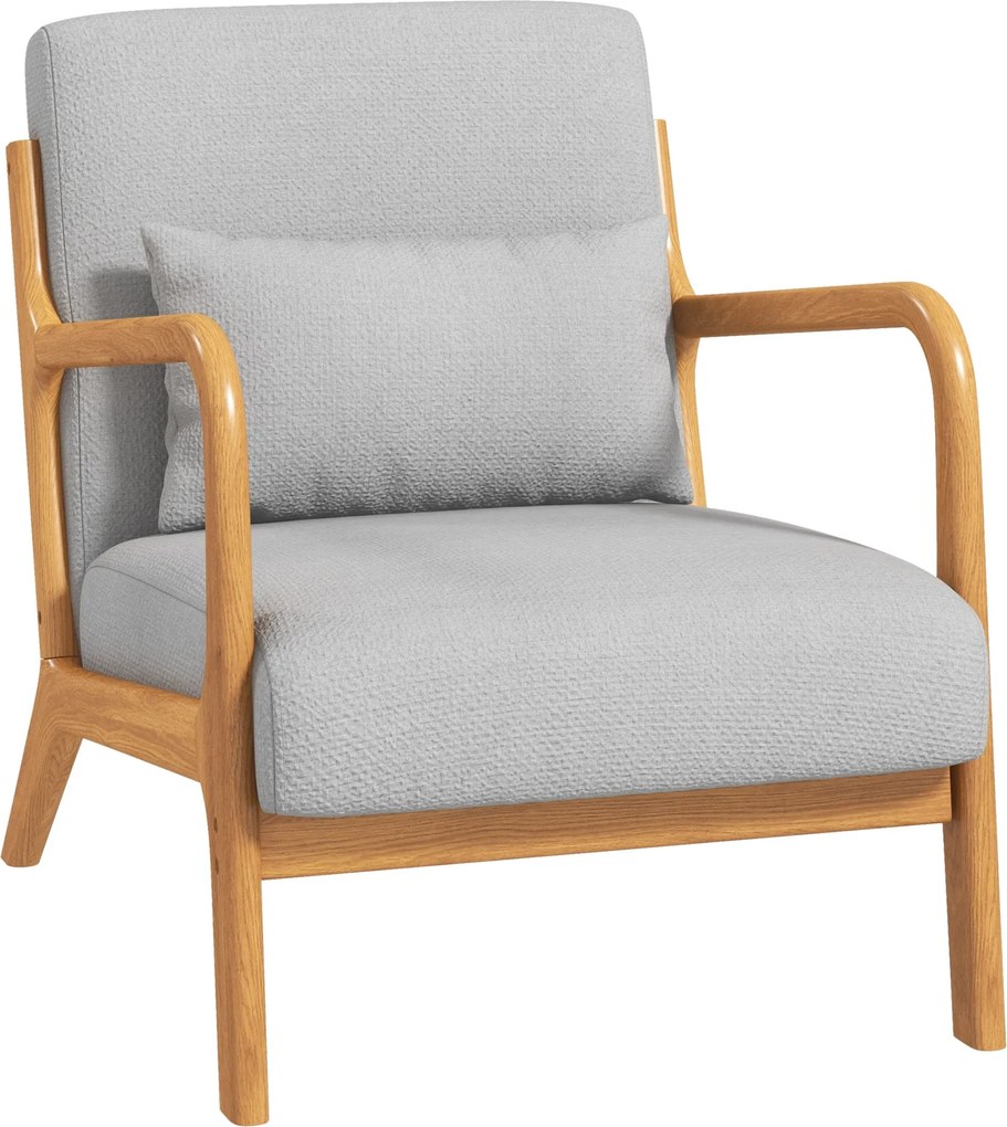 HOMCOM Tömbtömör Fa Lounge Szék - Mély Ülés - Karfák - Világosszürke Bársonyos Kárpitozás | Aosom