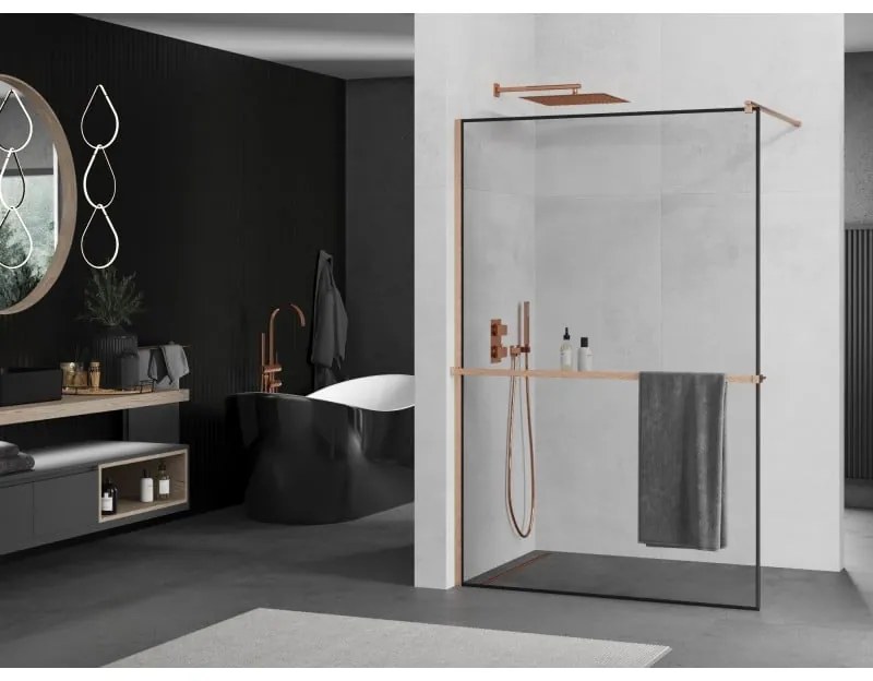 Mexen Kioto+, Walk-In zuhany paraván polccal és akasztóval 90 x 200 cm, 8 mm átlátszó üveg fekete mintás, réz matt profil, 800-090-121-65-70
