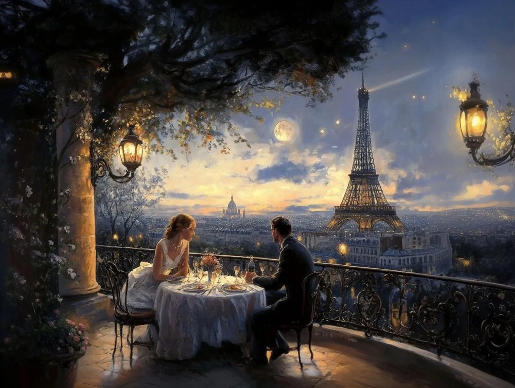 Vászonkép Canvas Párizs Torony Terasz Kilátás Pár Vacsora Este 100x75