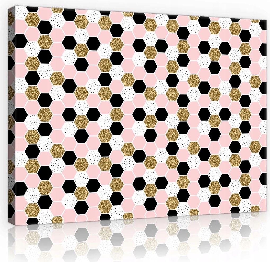 Vászonkép 60x40 Geometrikus hatszög minta rózsaszín fehér fekete arany