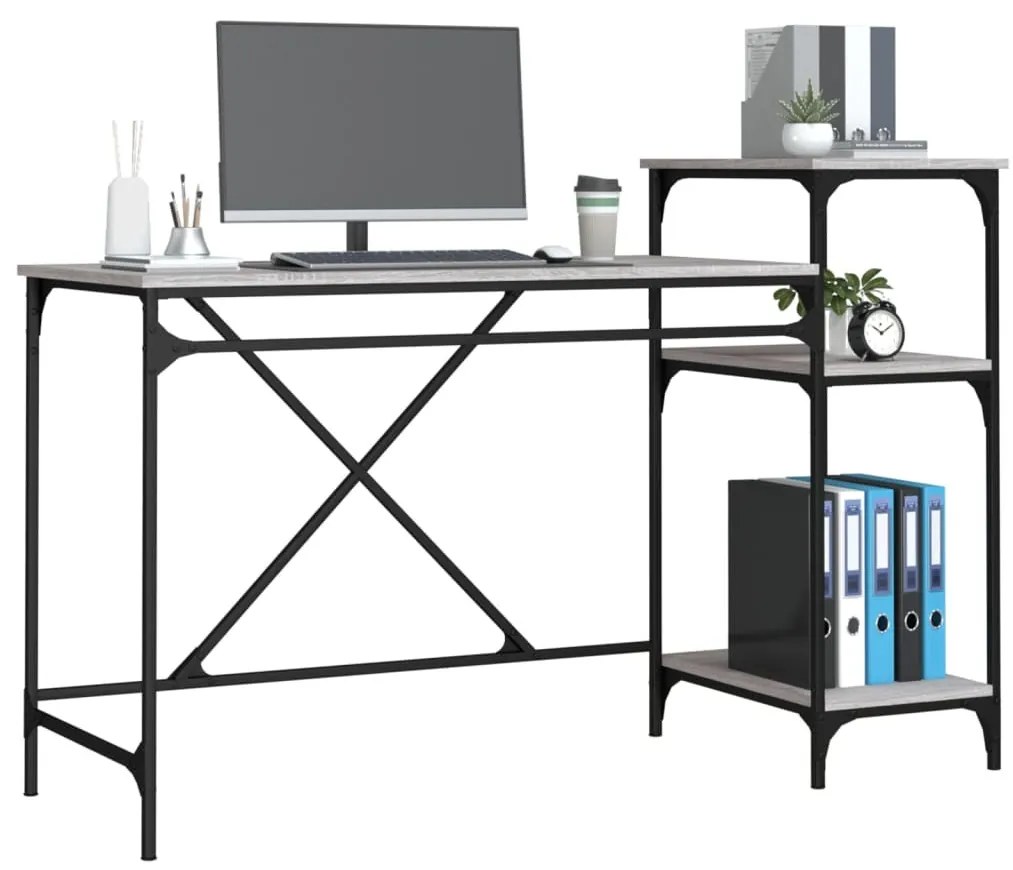 szürke sonoma fa és vas íróasztal polcokkal 135x50x90 cm