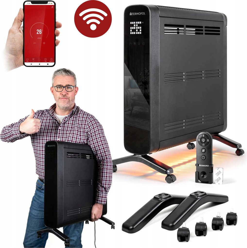 Elektromos Radiátor Konvektor termosztáttal 2000W üveg WiFI kijelző