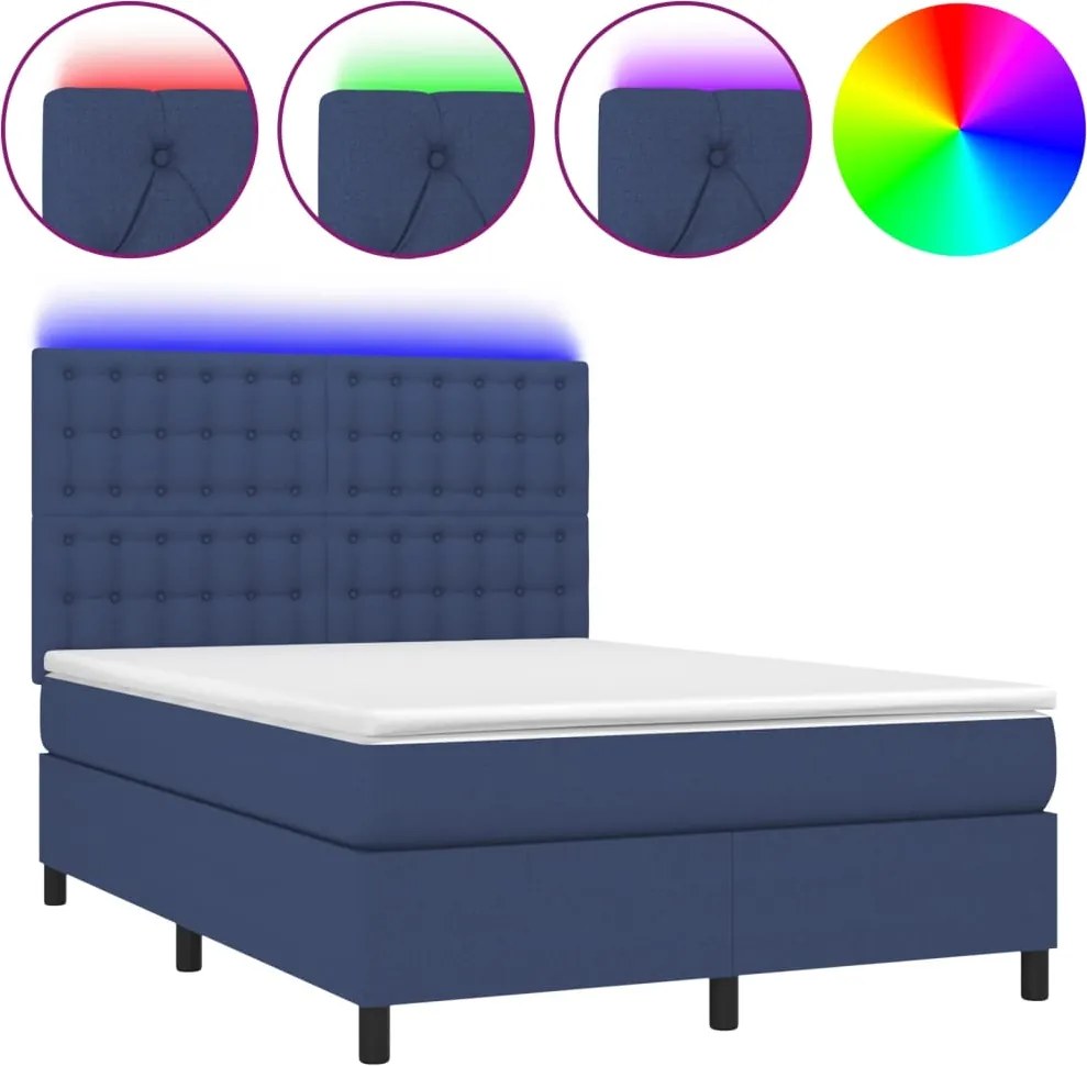 vidaXL kék szövet rugós és LED-es ágy matraccal 140x190 cm