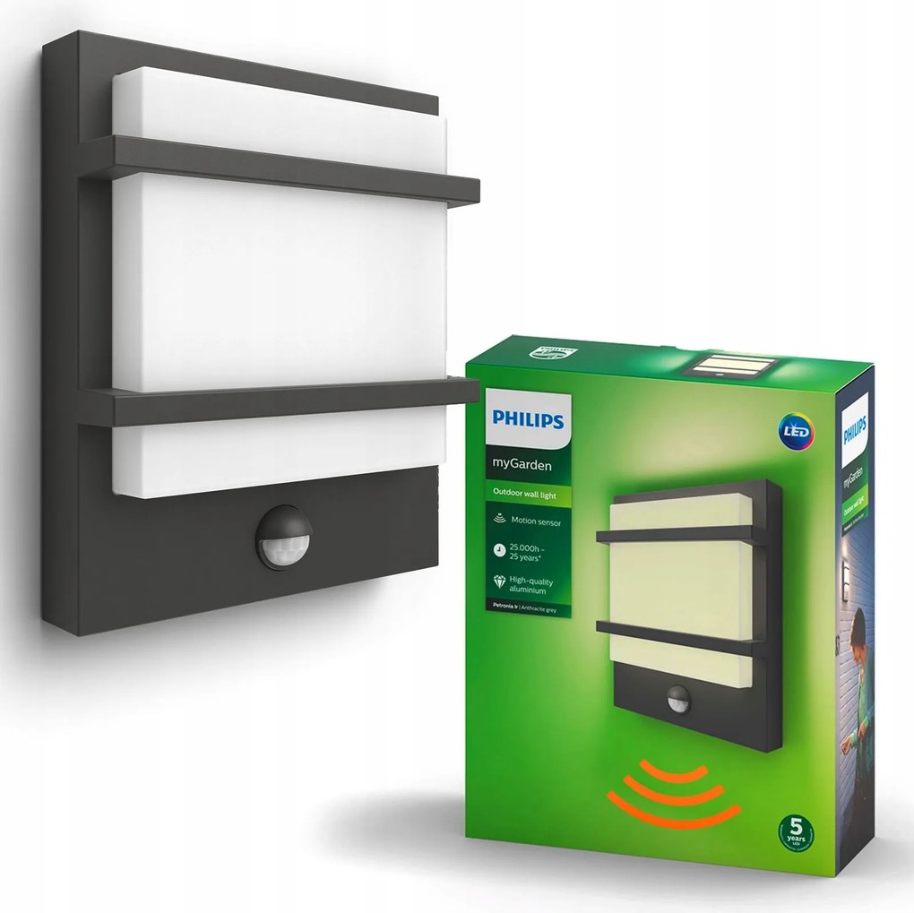 Kerti fali lámpa Kültéri Led 12W Alkonyat mozgásérzékelő Philips