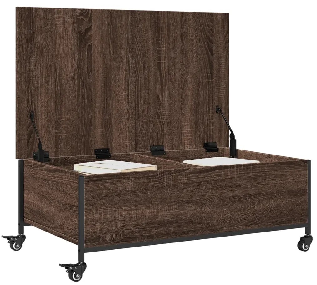 Barna tölgy szerelt fa dohányzóasztal kerekekkel 91x55x34 cm