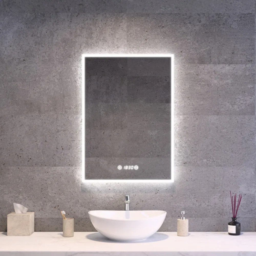 Álló fürdőszobai LED tükör 50x70cm | Páramentesítő funkció - Óra - Fényerő és színhőmérséklet szabályozás | Welland Luxury-Line G770