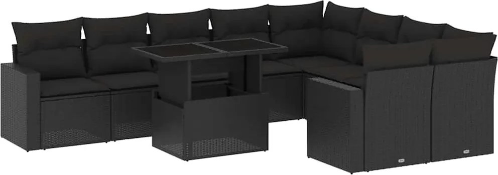 vidaXL 10 részes fekete polyrattan kerti ülőgarnitúra párnákkal