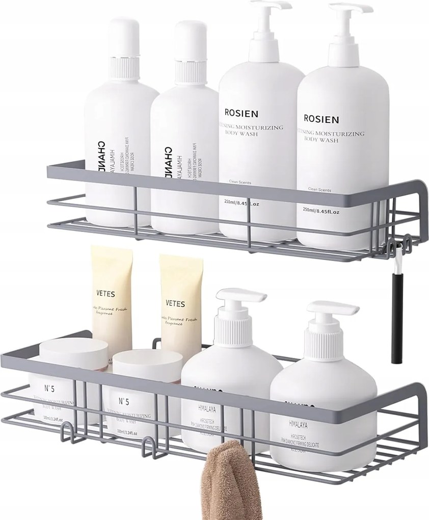 Fürdőszobai polc Zuhany alá Fúrás nélkül 2db-os szett Szürke matt