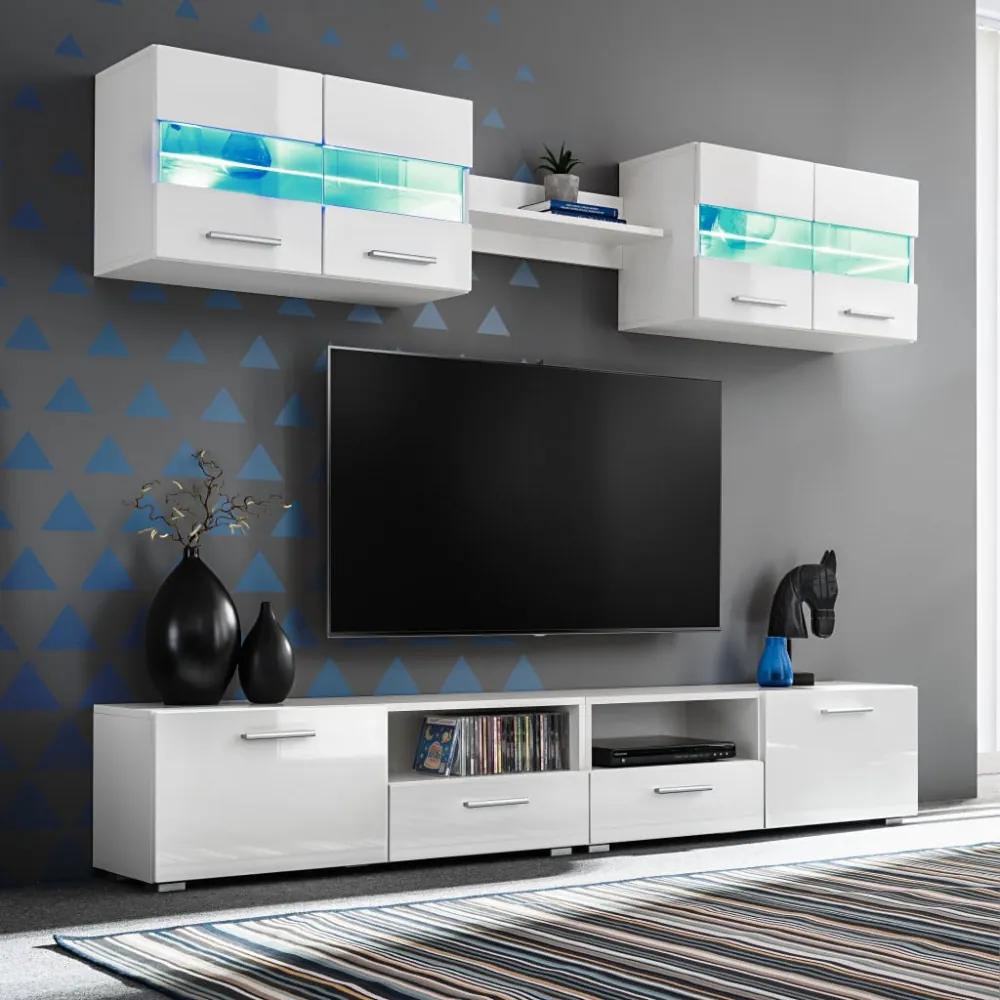 5 részes magasfényű fehér fali tv-szekrény led-fényekkel