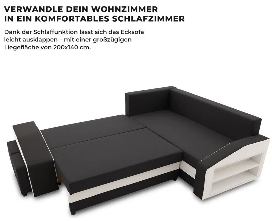 Grande sarokkanapé polcokkal és puffokkal , polc a jobb karfaban puffok a bal karfaban, jobboldali, szövet anyag, bonell töltet, fekete - fehér