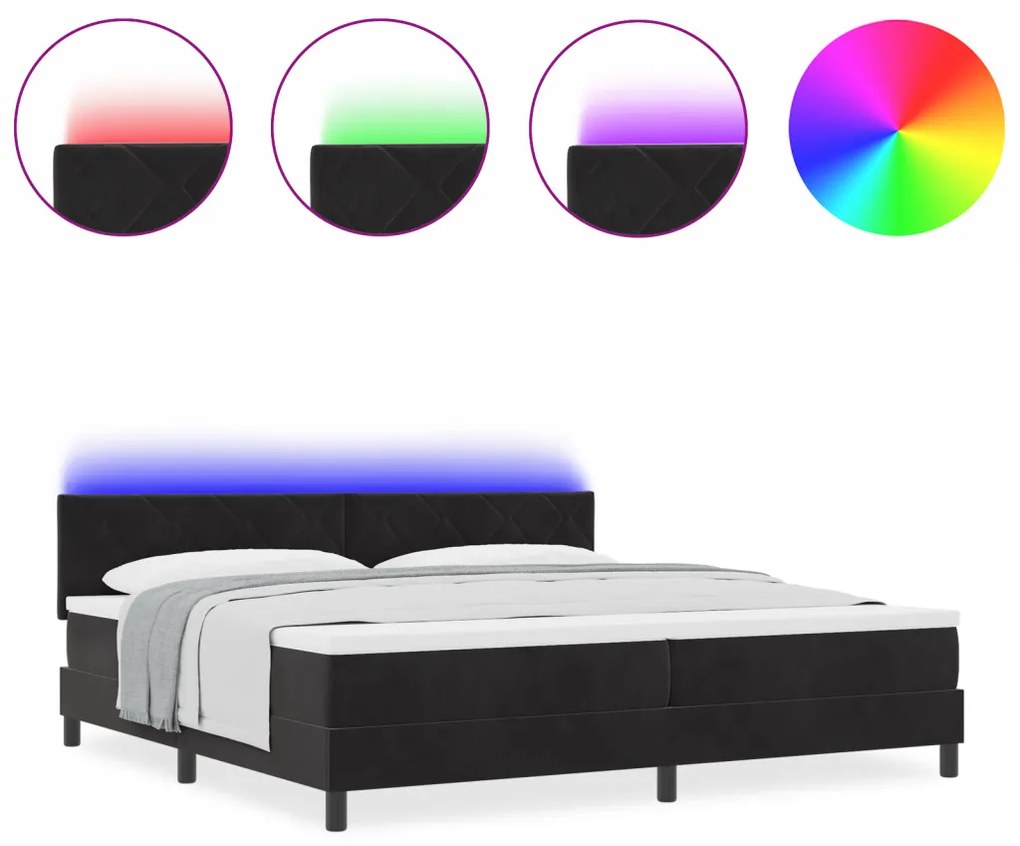 Boxspring Ágy Matrac & LED Fekete 200x200 cm Bársony