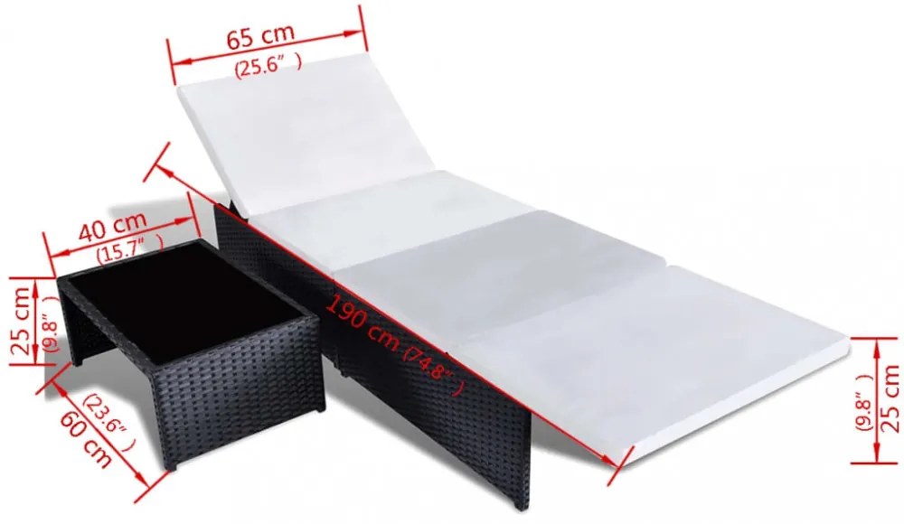 2 db fekete polyrattan dönthető kerti szék asztallal