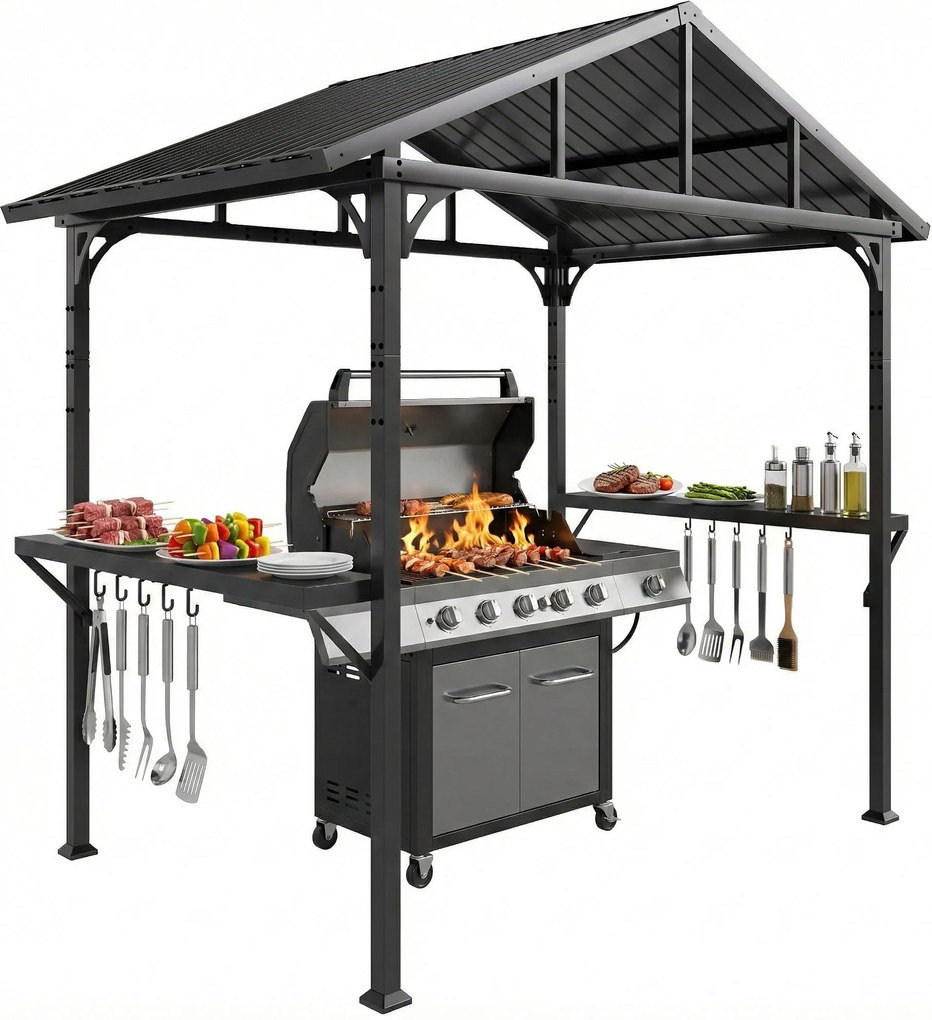 Outsunny BBQ Shelter Gazebo 252 x 156 x 248 cm Steel Hard Top with 2 Side Shelves & Hooks — Outdoor Grill Canopy for Patio, Garden, Yard, Black | Aoso