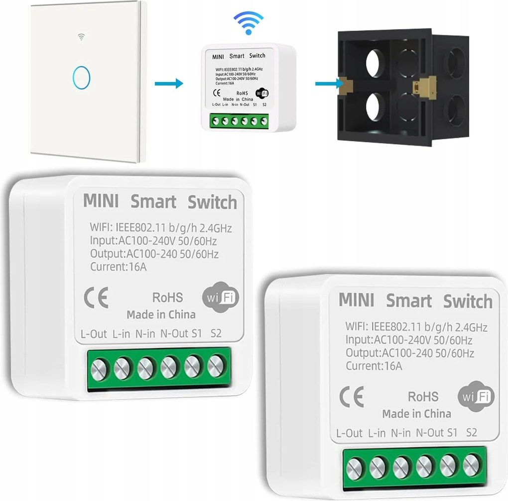 Relé Kapcsoló WiFi Fénykapcsoló 16A Smart Tuya 2x