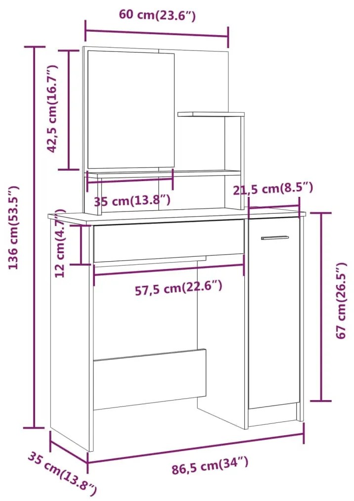 fekete tükrös fésülködőasztal 86,5 x 35 x 136 cm