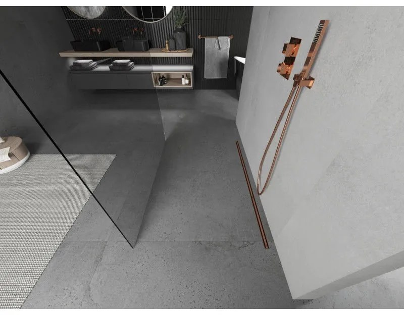 Mexen Kioto, átmenő zuhany paraván 110 x 200 cm, 8mm átlátszó üveg, 2x rose gold stabilizáló távtartó, 800-110-002-60-00