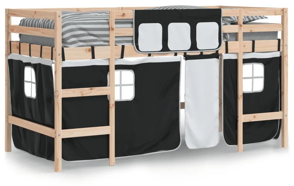 fehér-fekete tömör fenyő gyerek galériaágy függönnyel 90x190 cm