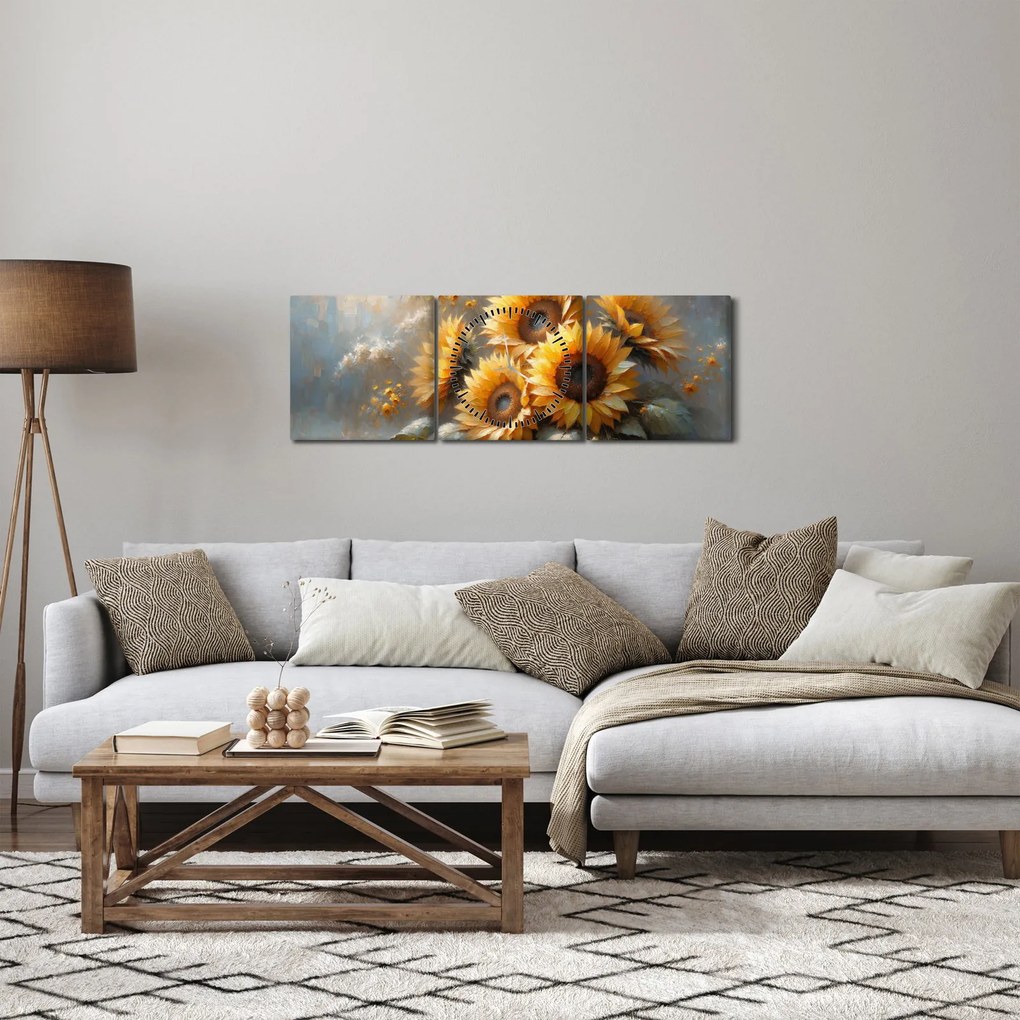 Kép - Napraforgók festménye (órával) (90x30 cm)