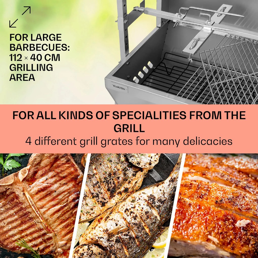 Sauenland Pro, malacsütő grill, forgó nyárs, 13 W, 4 kerék, rozsdamentes acél