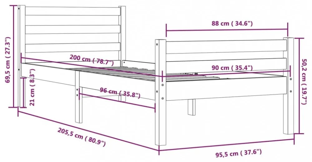fekete tömör fa ágykeret 90 x 200 cm