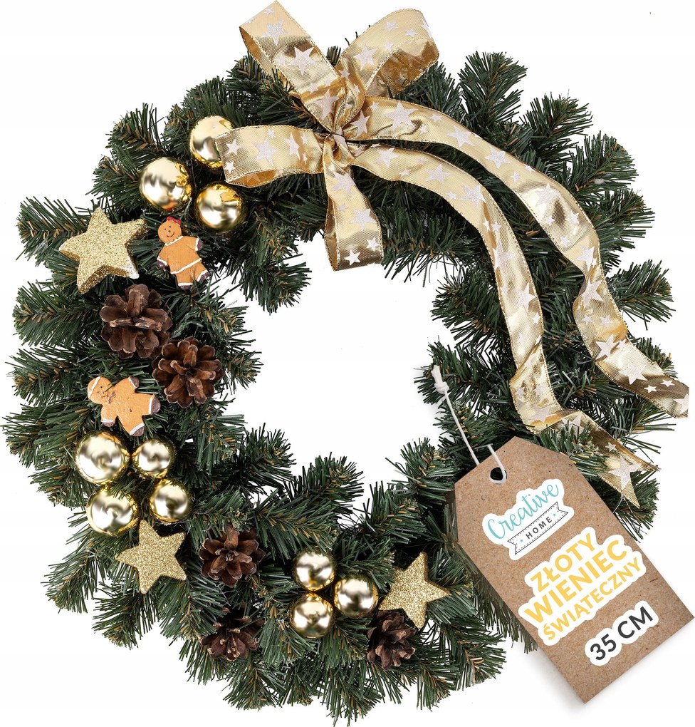 Arany színű, díszített karácsonyi koszorú, kopogtató, asztali dísz, fali dekoráció, 35 cm