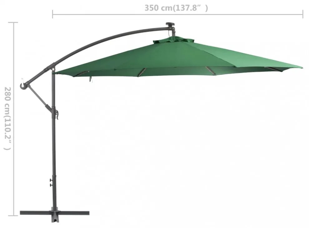 zöld konzolos kerti napernyő LED-del és fémrúddal 350 cm