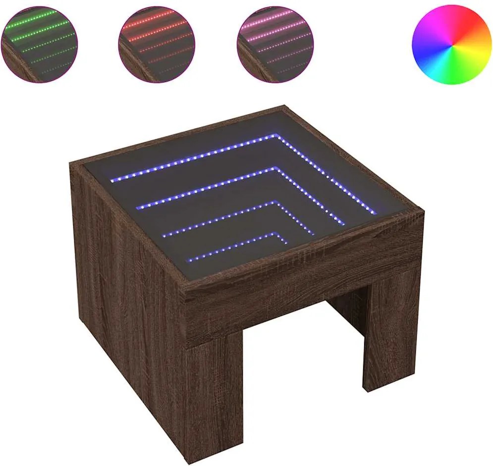 vidaXL barna tölgy végtelen hatású LED-es dohányzóasztal 40x40x30 cm