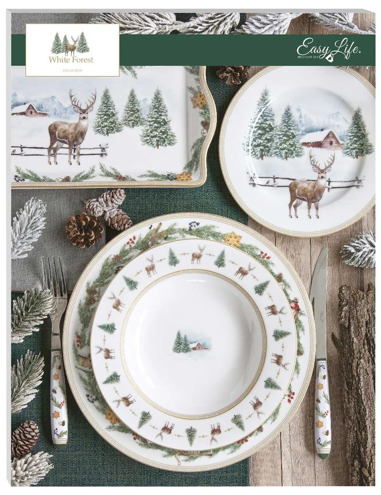 Karácsonyi porcelán asztali kínáló tálca szarvasos White Forest díszdobozban