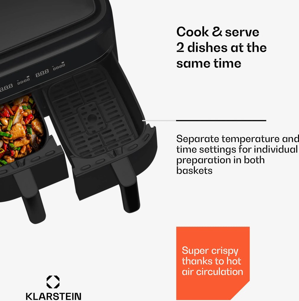 Klarstein VitaFry Duo, forrólevegős fritőz, 2850 W, 7,6 l, 2 főzőzóna, 6 program