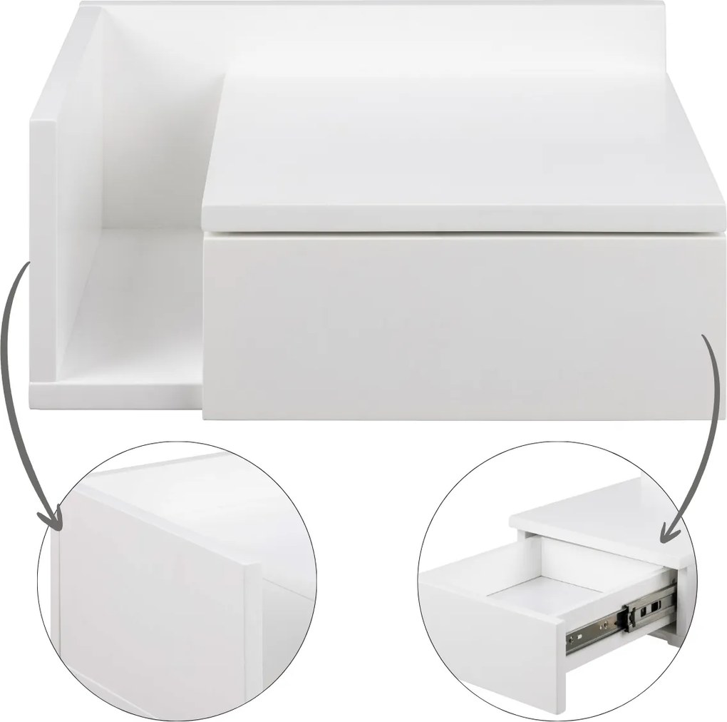 Akasztós Éjjeliszekrény fehér éjjeli asztal hálószobába fiók polc loft