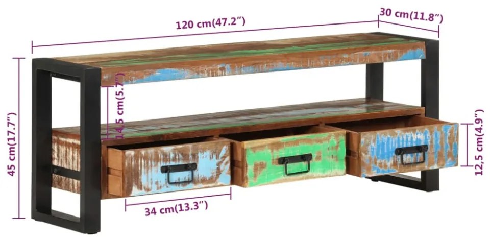 tömör újrahasznosított fa TV-szekrény 120 x 30 x 45 cm