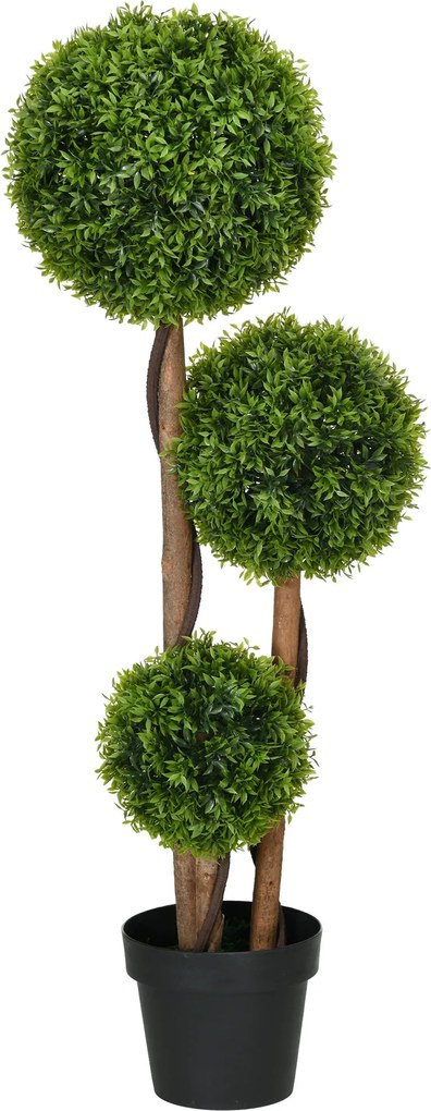 HOMCOM Mesterséges Fa, Mesterséges Növény, Tölgyfalevelekkel Díszített 3 Boxwood Gömb, Cserép Tartozik, Bent és Kinn Használható, Magasság 110 cm, Öss
