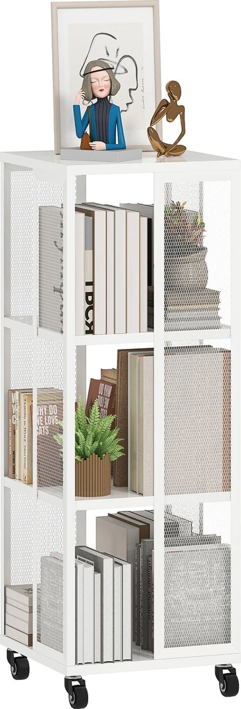 HOMCOM Modern 3-Tier Könyvespolc, Fém Könyvespolc Kerekekkel Nappaliba, Hálószobába és Irodába, 35x35x99 cm, Fehér | Aosom