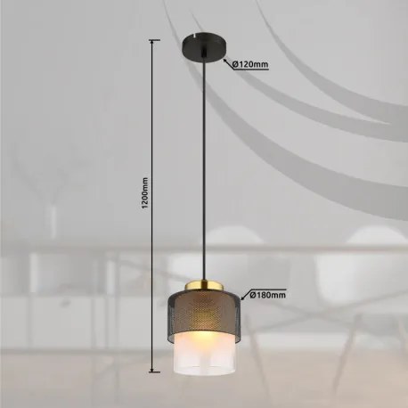 Globo 15709H Függeszték fém fekete matt, üveg átlátszó, fém sárgaréz színű, kábel textil fekete, magassága állítható, ø: 180mm, M: 1200mm, 1x E27 60W 230V izzó nélkül