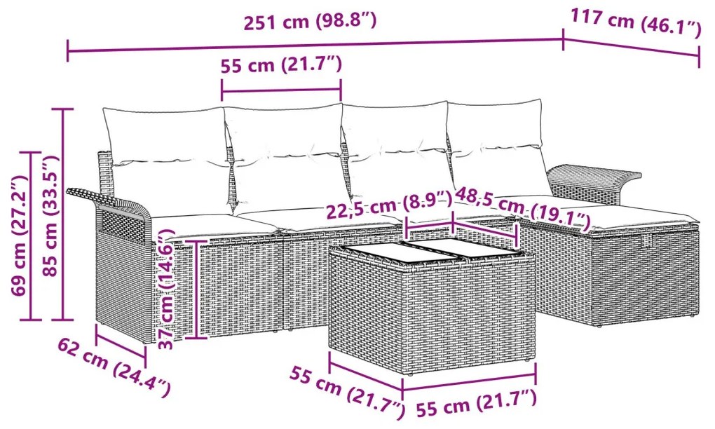 6 részes kert kanapé szett párnával fekete poli rattan