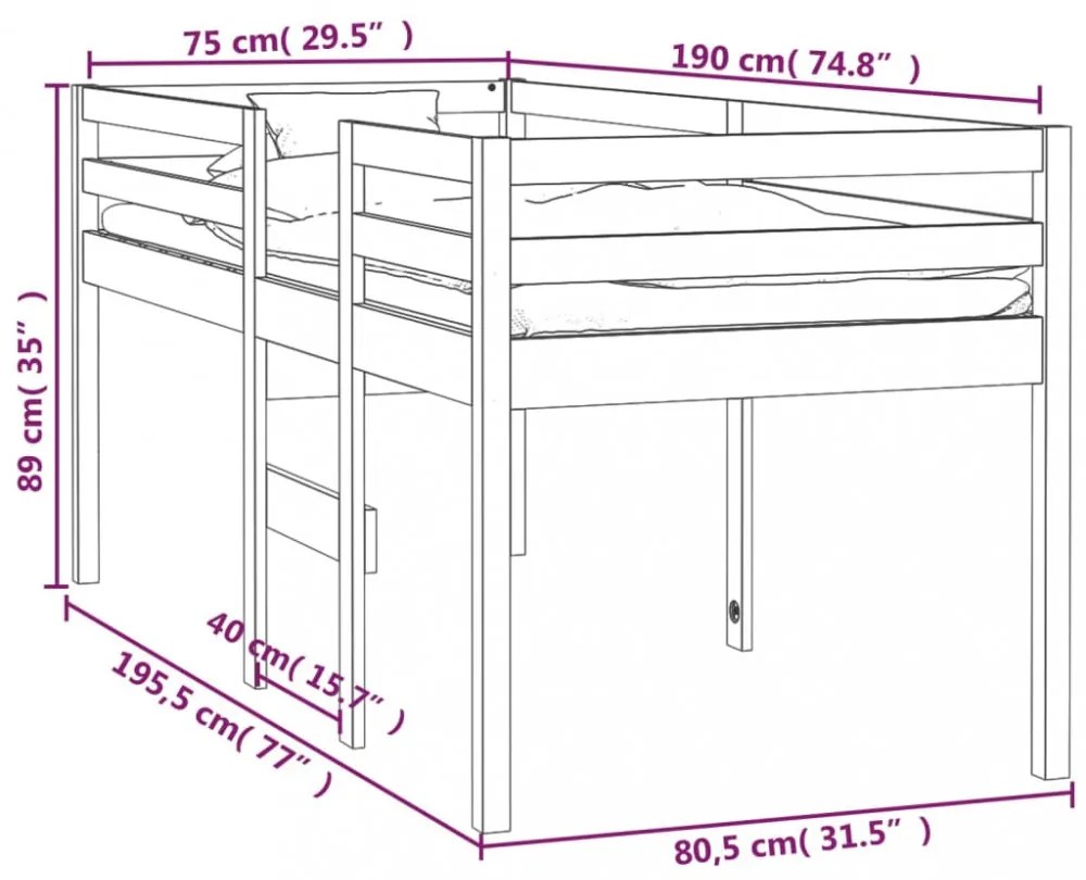 tömör fenyőfa magasított ágy 75x190 cm