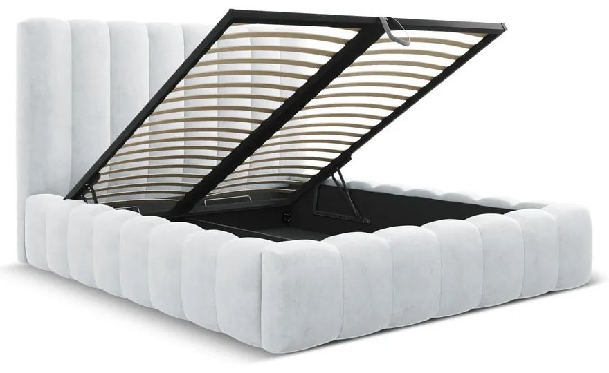 Világosszürke kárpitozott ágyneműtartós franciaágy ágyráccsal 200x200 cm Kelp – Micadoni Home