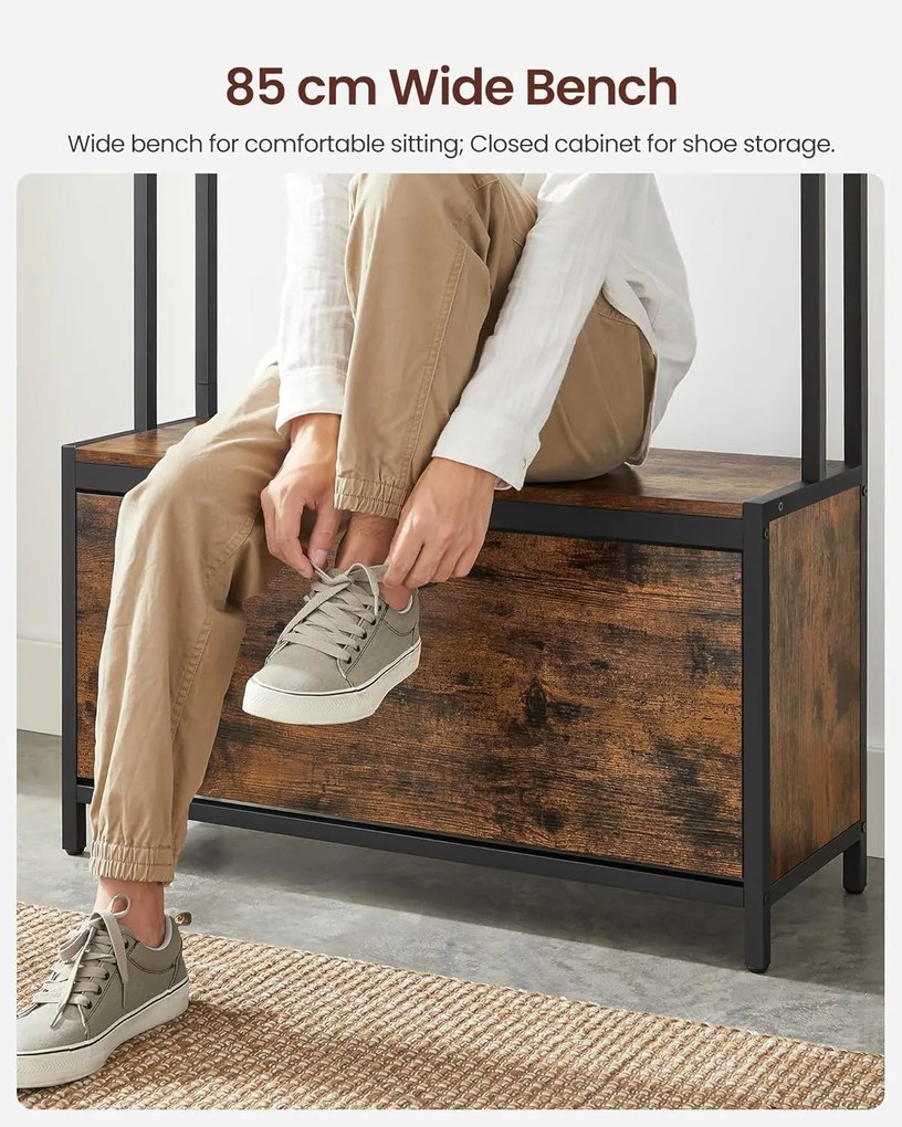 Fogas cipőtárolóval, előszobafal padokkal, 85x30x180cm, rusztikus barna és fekete