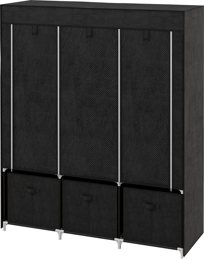 HOMCOM Ruhásszekrény Szövet Ruhásszekrény Ruhafogóval, Fiókokkal, Cipzáros Összecsukható Szekrény, Hálóhoz, Öltözőhöz, 125 x 43 x 162,5 cm, Fekete | A