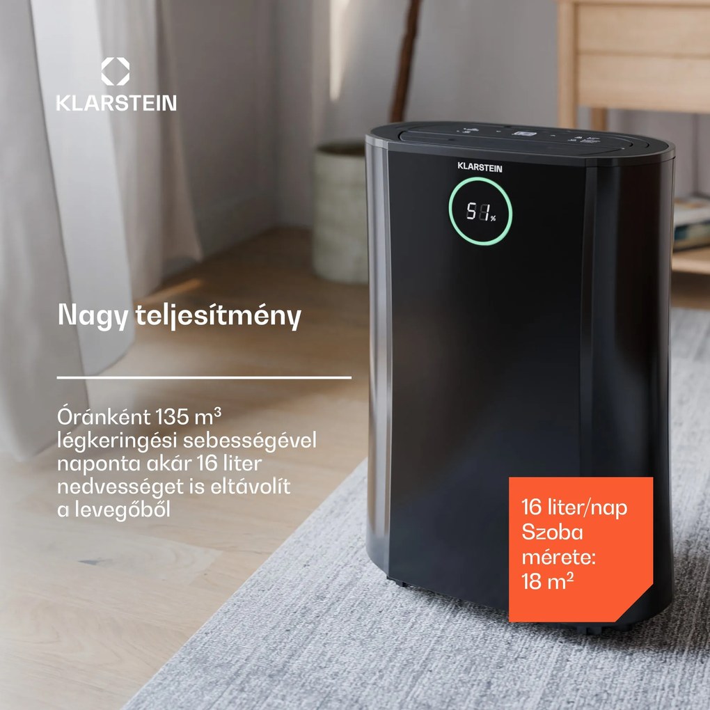 Klarstein DryFy ProConnect 16L párátlanító, 16 l/nap, 18 m², WiFi, App, LED kijelző, 24 órás időzítő