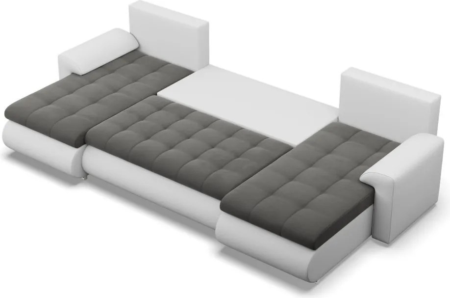 Tokio U alakú sarokkanapé, 3 ágyneműtartóval, bársony + műbőr, univerzális oldal, szürke - fehér